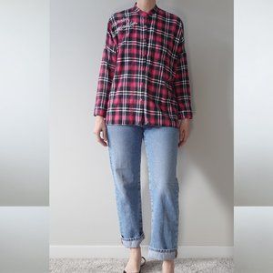 First Angels Pink and Black Plaid Long Sleeve Side Split Button Down Shirt Size